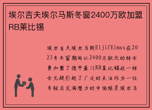 埃尔吉夫埃尔马斯冬窗2400万欧加盟RB莱比锡